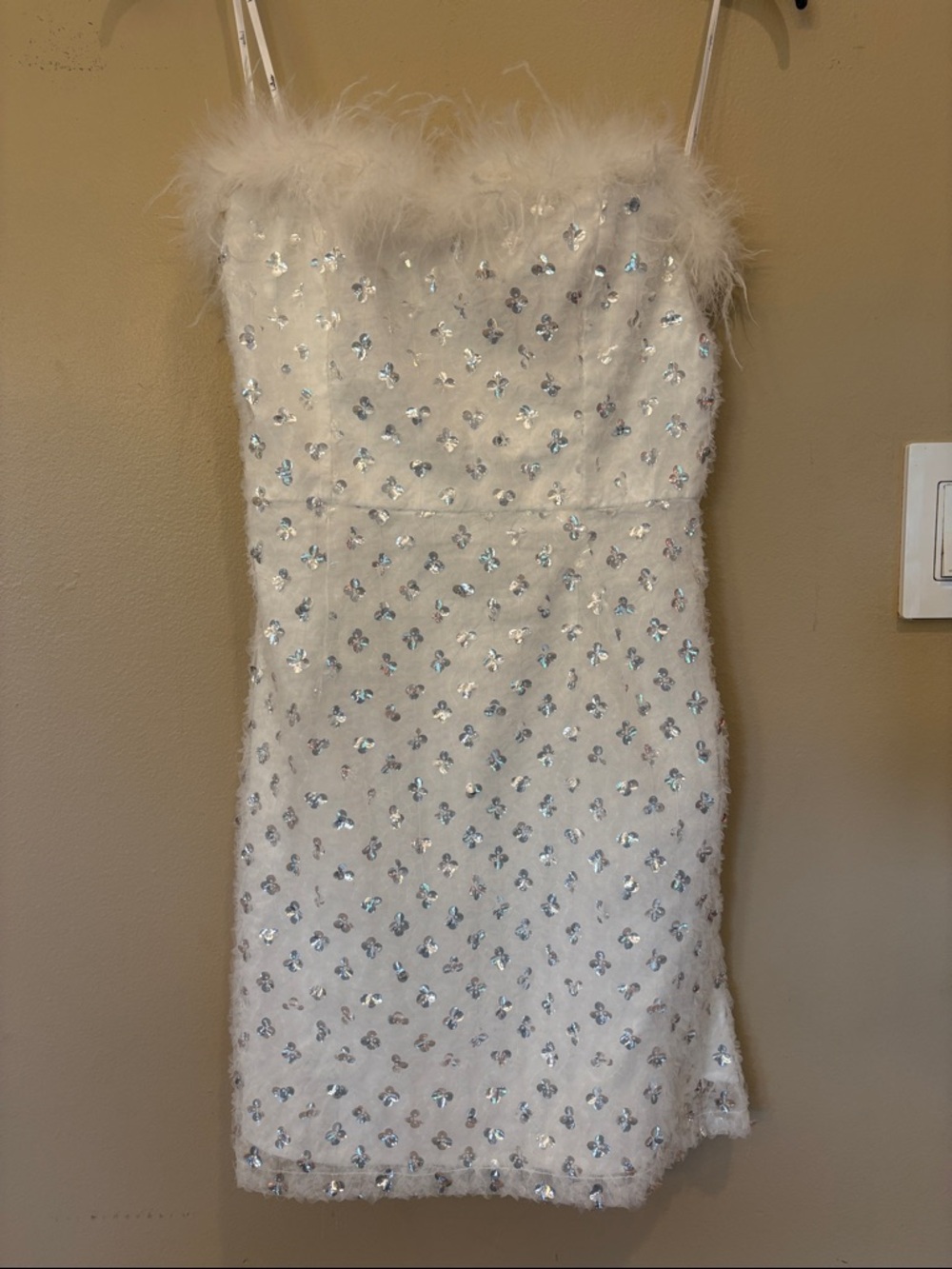 Lulu's White Feather-Trim Sequin Party Dress